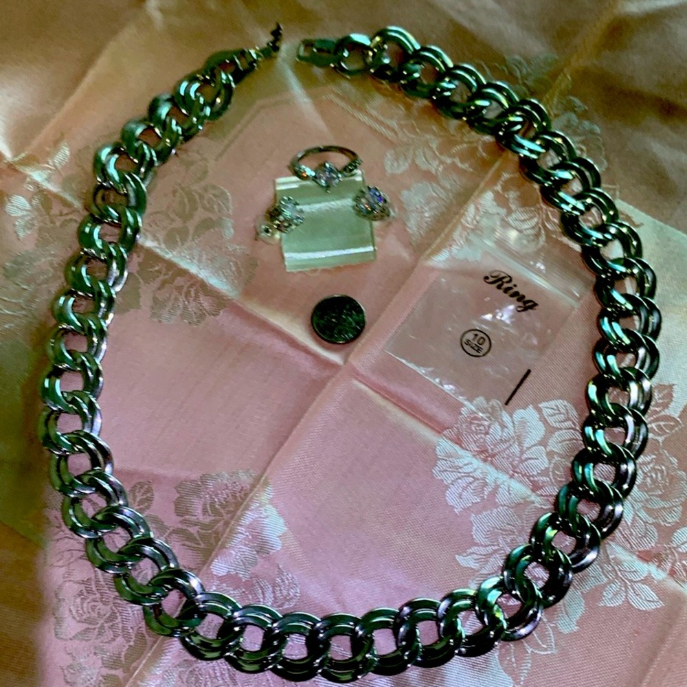 3 Pc Set - Vintage SilverTone Necklace w/ non-vintage Faux Diamond Ring&Earrings
